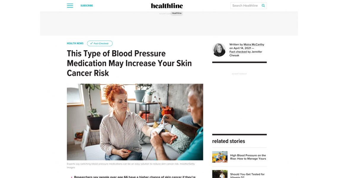 Preview of article on healthline.com, "This type of blood pressure medication may increase your skin cancer risk"