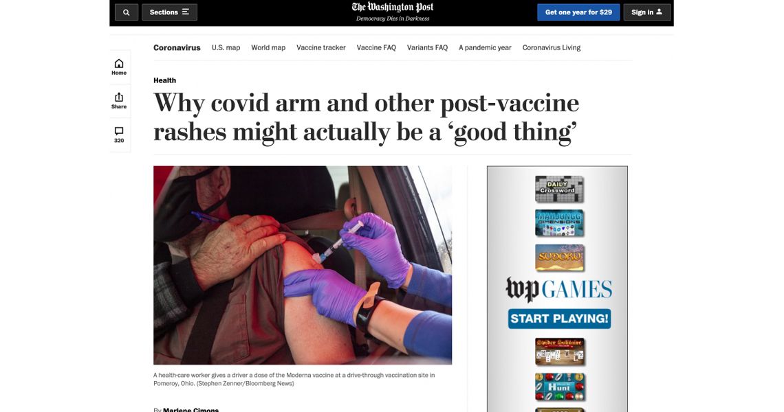 Preview of the article on The Washington Post, "Why covid arm and other rashes might actually be a good thing"