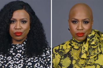 Rep. Ayanna Pressley with and without hair
